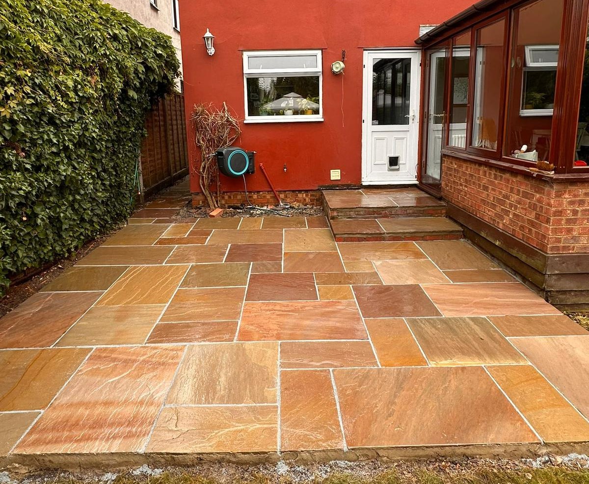 new riven buff sandstone patio laid in baldock